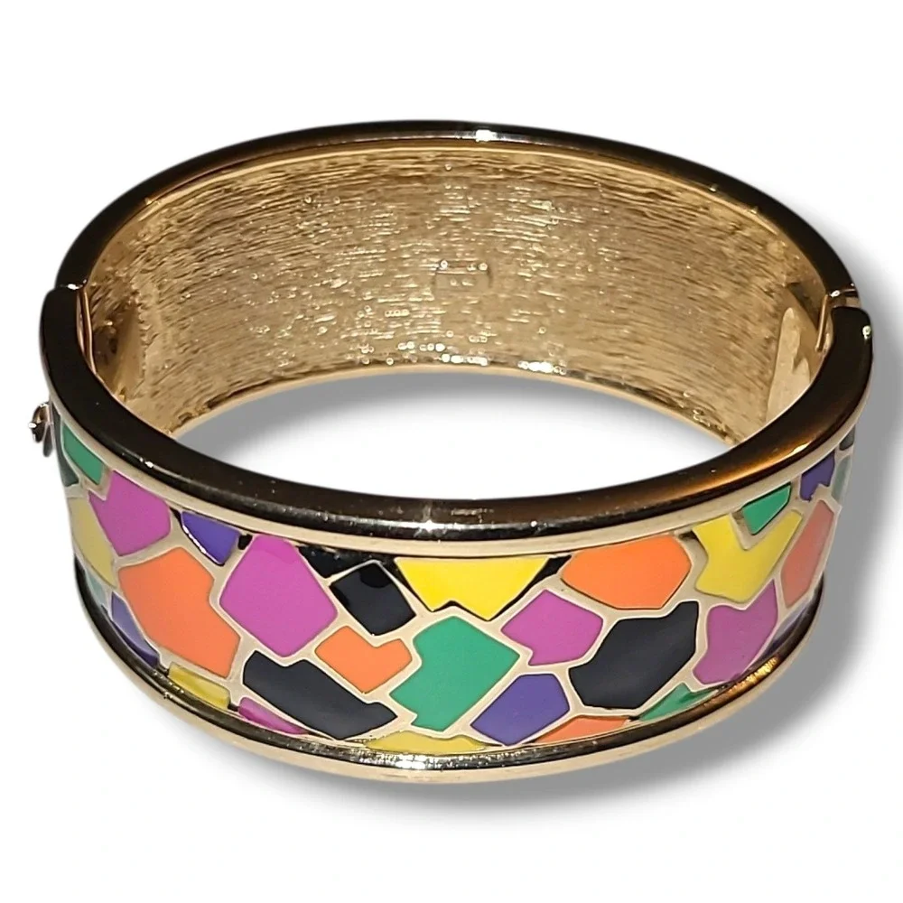 Erwin Pearl Colorful Enamel Mosaic Hinged Bangle Bracelet Gold Tone‎ Wide